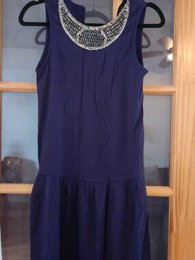 Mango Navy Blue Dress Beaded Neckline Size S Sleeveless Elegant Chic
